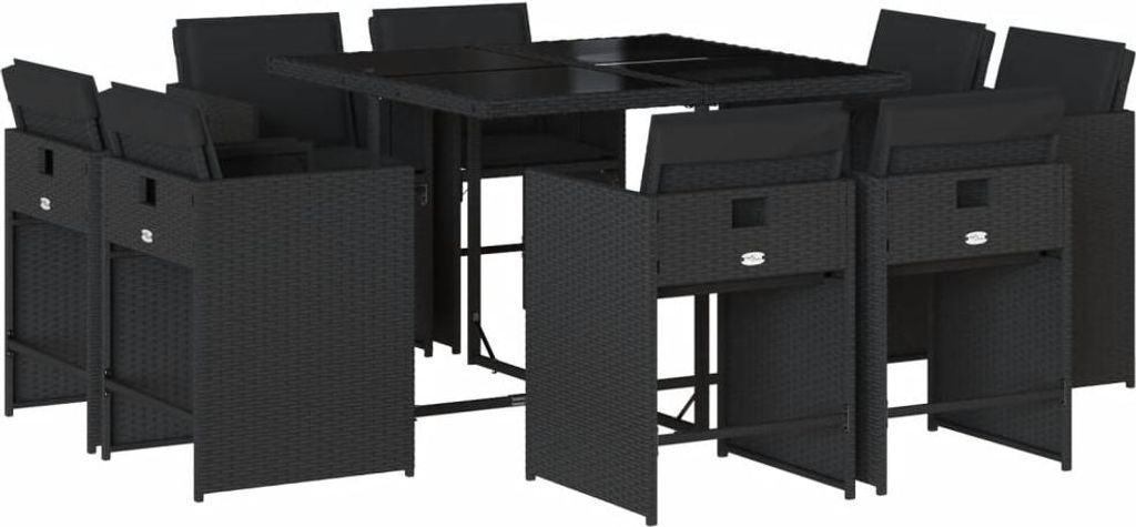 vidaXL 9-tlg. Garten-Essgruppe mit Kissen Schwarz Poly Rattan