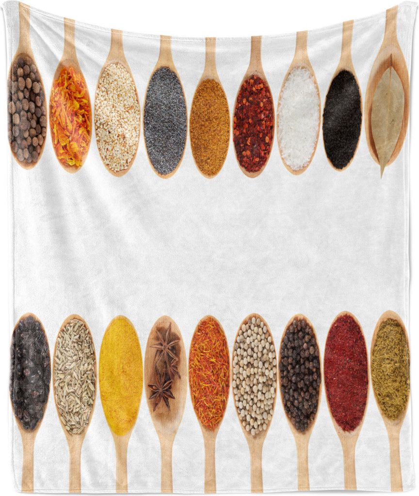 ABAKUHAUS Würzen Weich Flanell Fleece Decke, Gruppe Gewürze in Holz horizontal auf einem weißen Hintergrund, Löffel, 175 x 230 cm, Mehrfarbig
