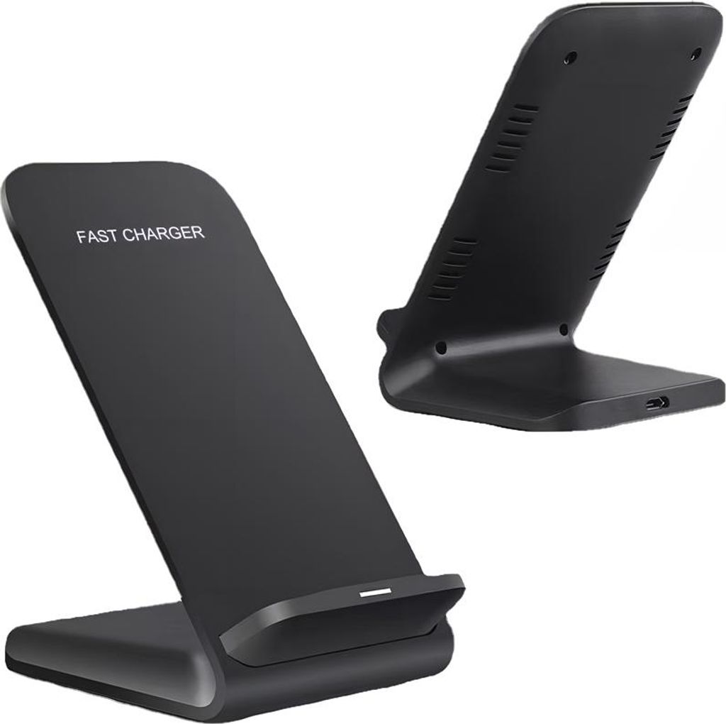 Two views of a black wireless charging stand against a white background.