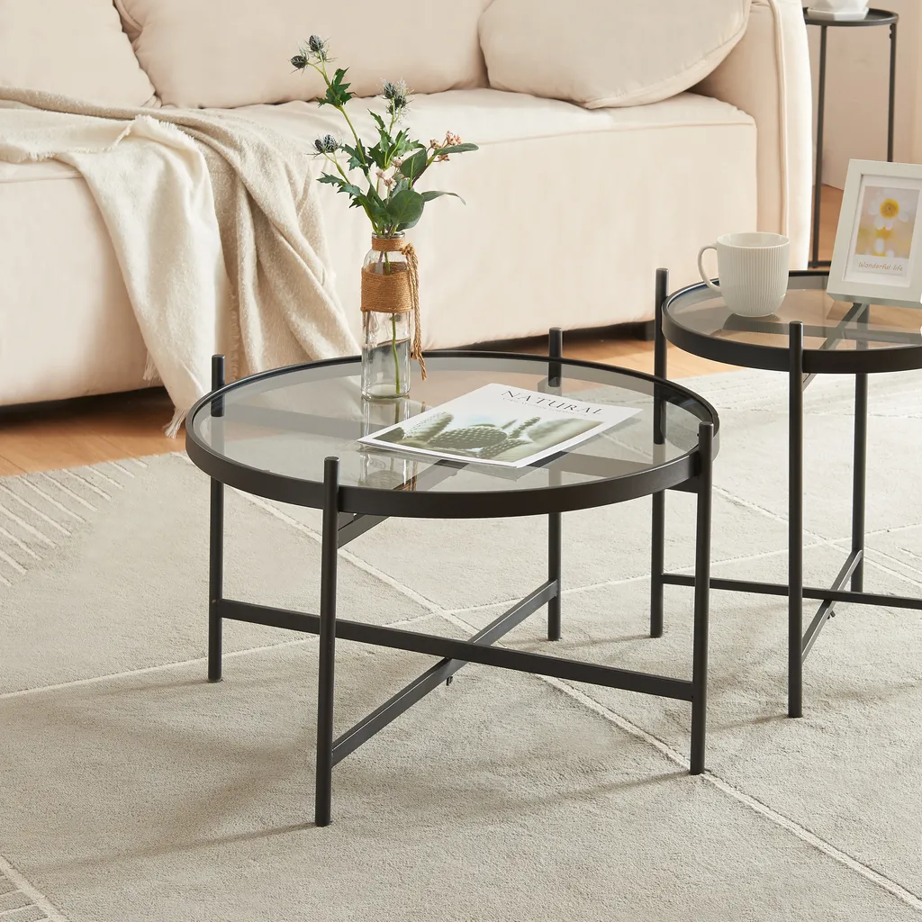 Table basse ronde en verre noir Lier avec piètement métal robuste 61 cm
