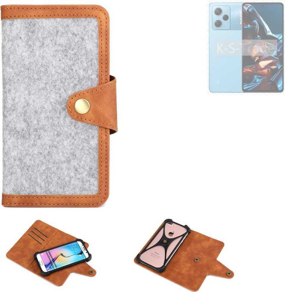 K-S-Trade Handyhülle kompatibel mit POCO X5 Pro 5G Schutzhülle Filz-Hülle Kunst-Leder hellgrau braun (1x)