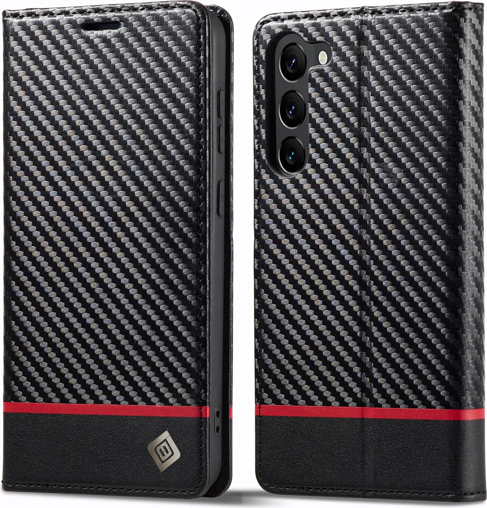 Custodia Samsung S23 in Pelle di Carbonio con Portacarte - Rosso/Nero