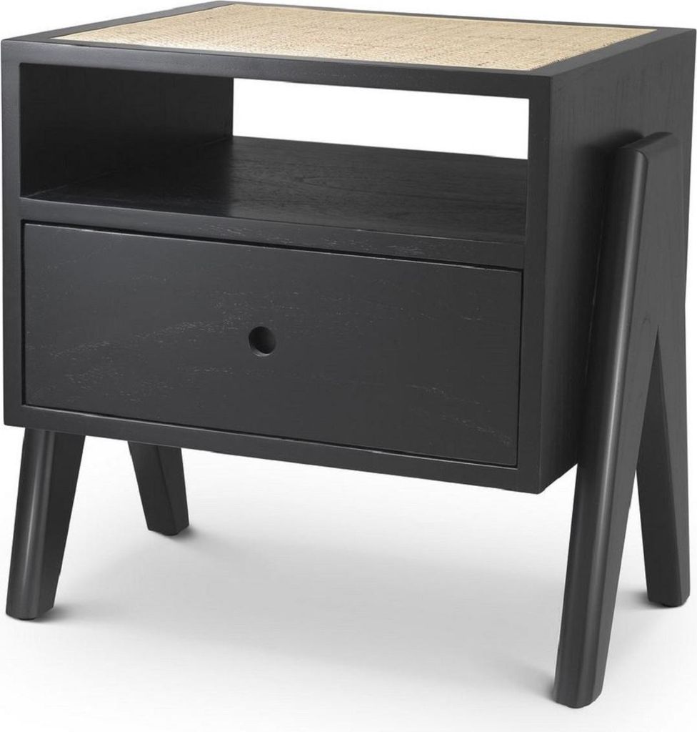 Casa Padrino Luxus Nachttisch Schwarz / Naturfarben 58 x 45 x H. 55,5 cm - Massivholz Beistelltisch mit Rattangeflecht - Luxus Schlafzimmer Möbel
