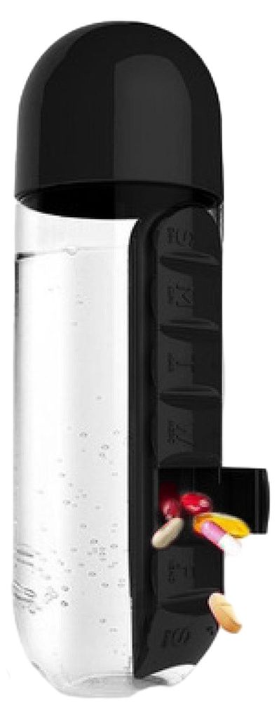 Tragbarer Pillenbehälter mit Trinkbecher, 2-in-1-Wasserflasche mit 7-Tage-Pillenorganizer, einfache Montage, täglicher Pillenerinnerungsbecher f...