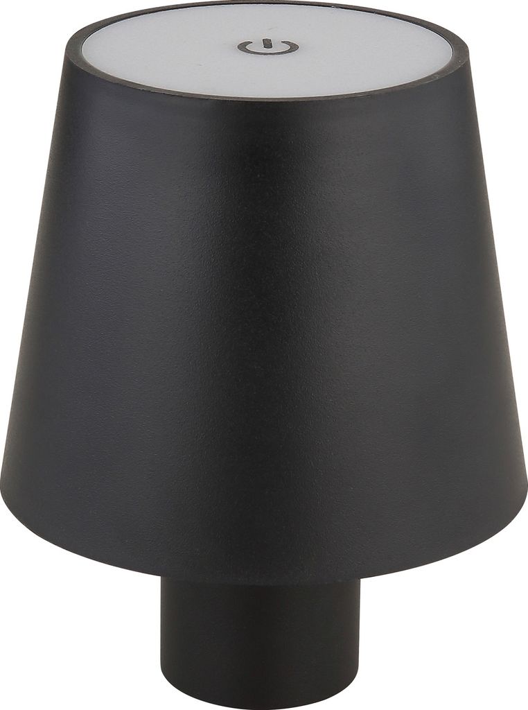 A black table lamp with a power button symbol on top.