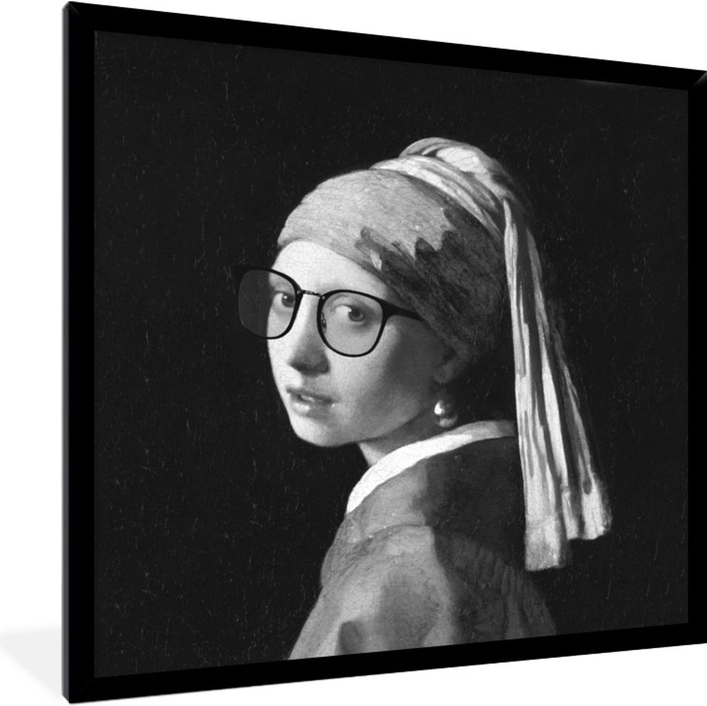MuchoWow Gerahmtes Poster Das Mädchen mit dem Perlenohrring - Johannes Vermeer - Schwarz und weiß 40x40 cm - Poster mit Schwarzem Bilderrahmen ...
