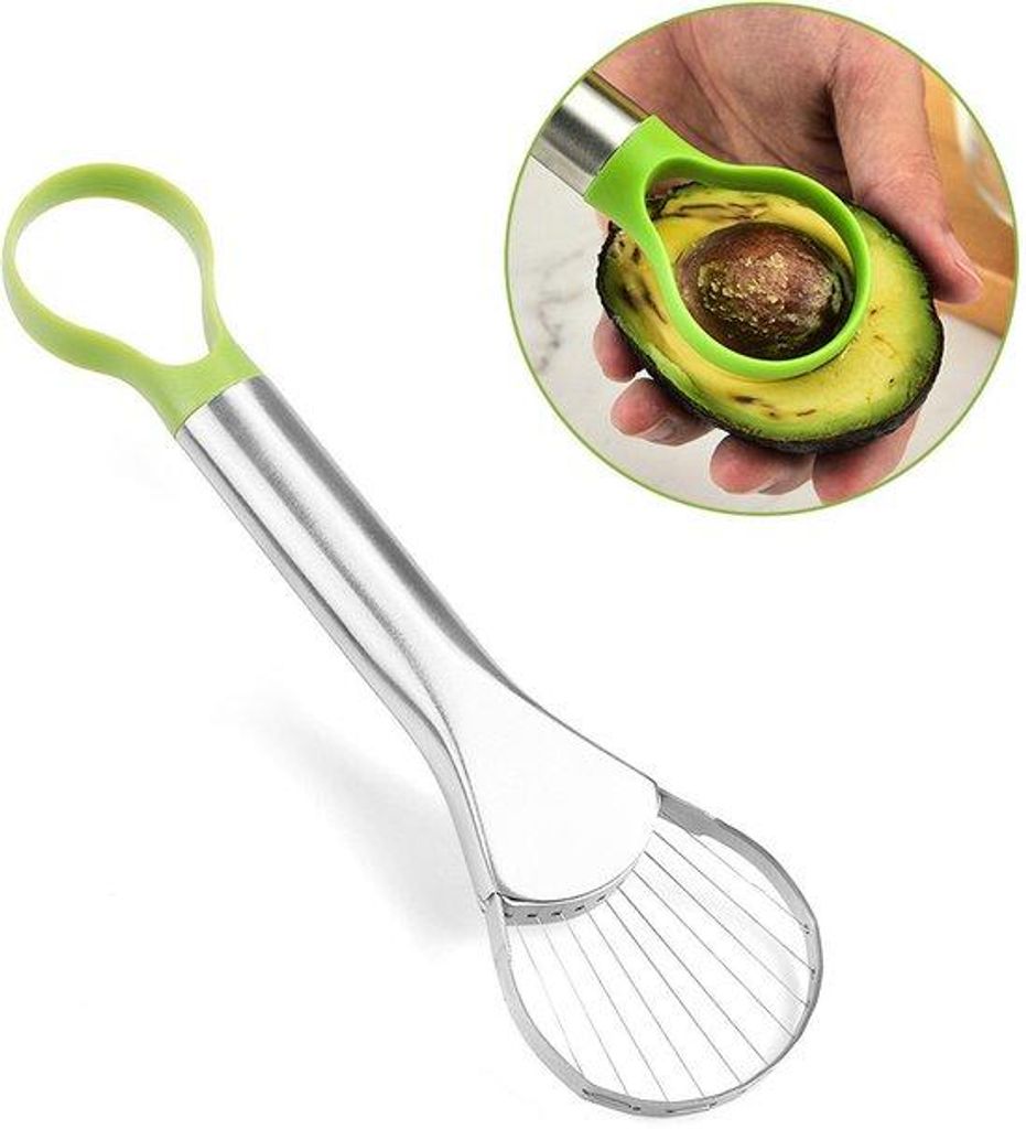 Avocadotool - multifunctioneel - roestvrij staal - 2-in-1 - met groene handgreep - für das Schneiden, Ausbohren und Entkernen von Avocados