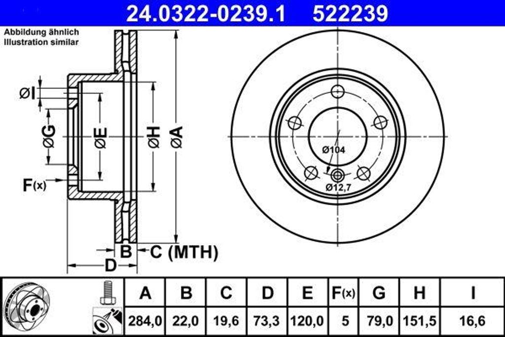 ATE 24.0322-0239.1 Bremsscheibe OE 34116764629 kompatibel mit 1er E81, 1er E87, 1er F20, 1er F21, 2er F23, 2er F22