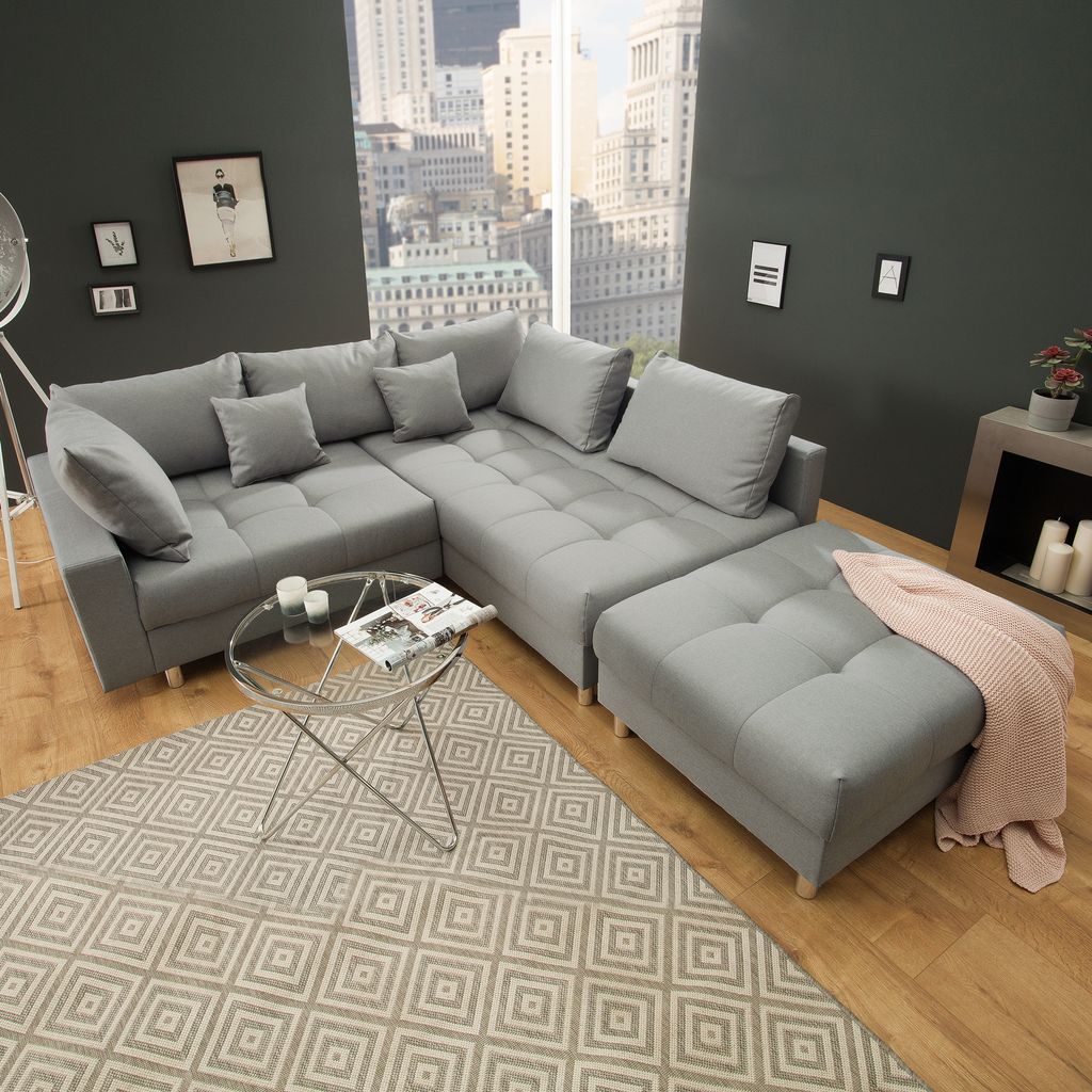 Moderne Wohnlandschaft KENT 220cm grau Ecksofa Federkern Produktbild 