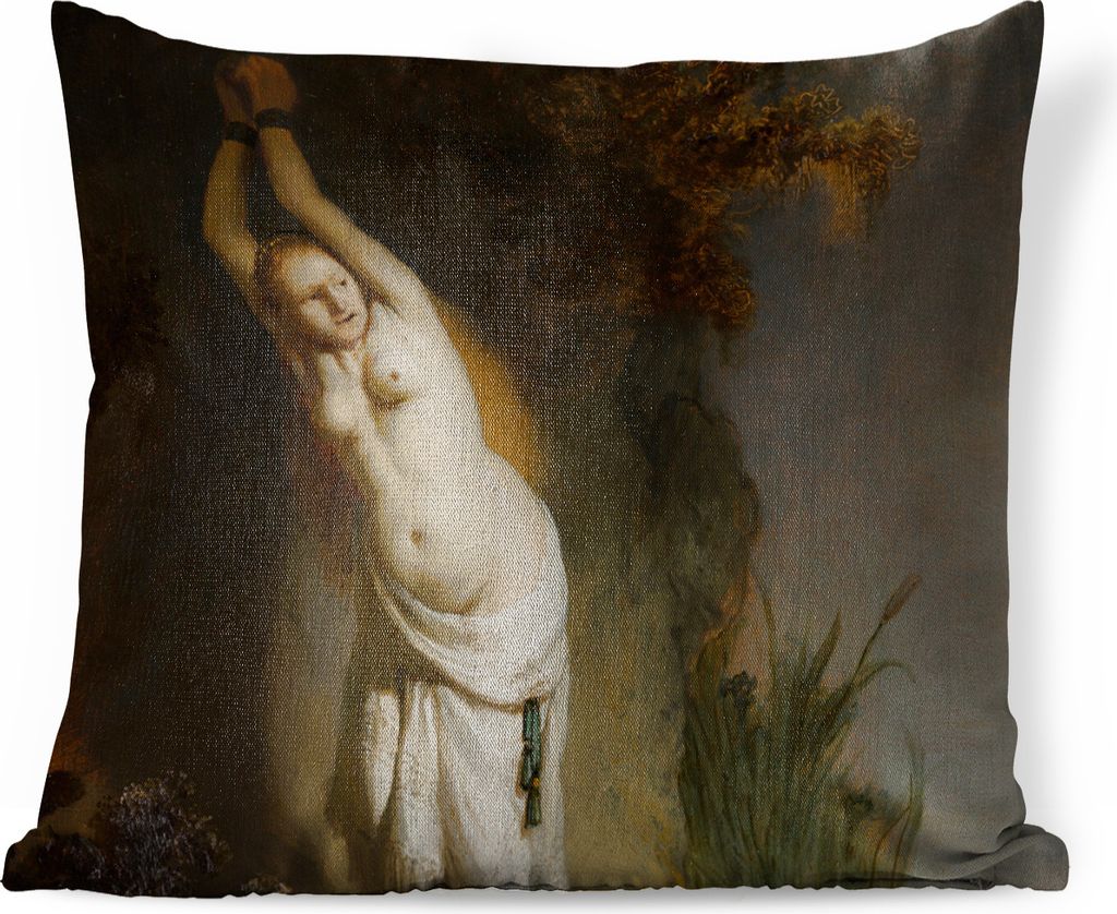MuchoWow Zierkissen Sofakissen Wohnzimmer Dekokissen 50x50 cm Andromeda angekettet an den Felsen - Gemälde von Rembrandt van Rijn - Komfort - So...