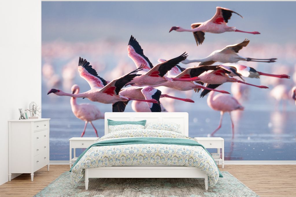 MuchoWow Fototapete für Wohnzimmer oder Schlafzimmer Wandtapete Vinyl Motivtapete Flamingo - Vogel - Wasser - Rosa - 375x280 cm - Schlafzimmer t...