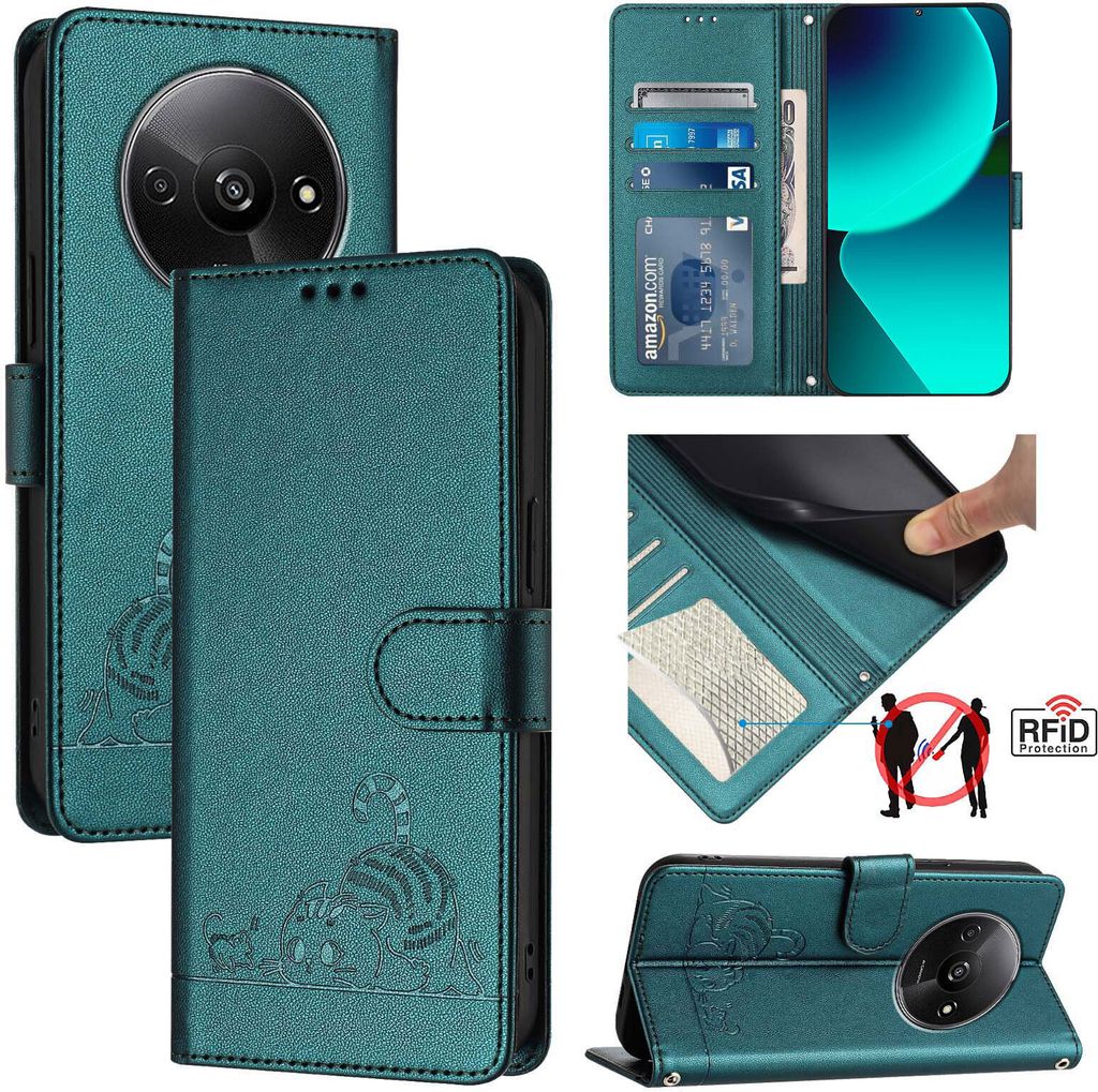 Leder Hülle für Xiaomi Poco C61 /Redmi A3 Süße Katze Flip Case Brieftasche Schutzhülle mit Standfunktion Grün