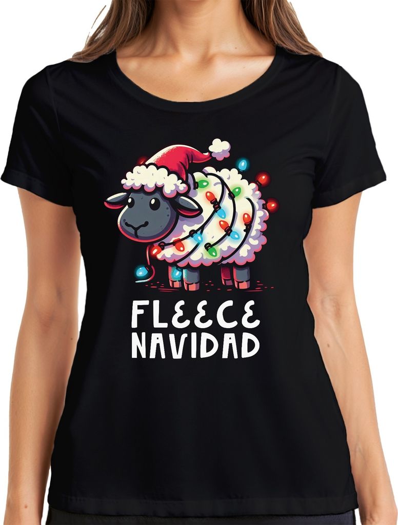 Fleece Navidad Schaf Lichterkette - Weihnachten Weihnachtsgeschenk Christmas Damen T-Shirt, Schwarz, S