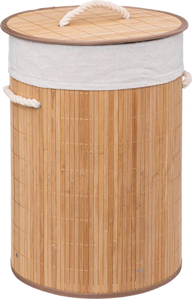 A round bamboo laundry basket with a fabric liner and lid.