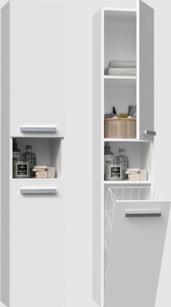 BDW, Badezimmerschrank mit Wäschekorb, 2 Türen, 174x31x30, NEL III, Weiß