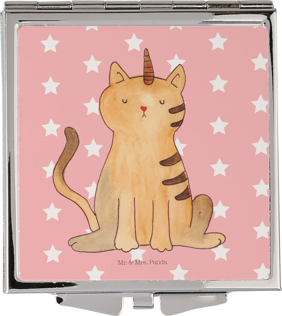 Mr. & Mrs. Panda Handspiegel Einhorn Katze - Rot Pastell - Geschenk, Frauen Spiegel, Schminkspiegel, Reisespiegel, Kosmetikspiegel, Mieze, Regenbog...