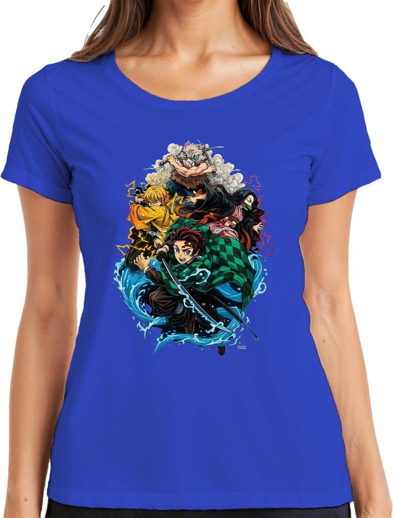 Demon Slayer Kimetsu no Yaiba Tanjiro Nezuko Zenitsu Fan Geschenk Damen T-Shirt, Blau, 3XL