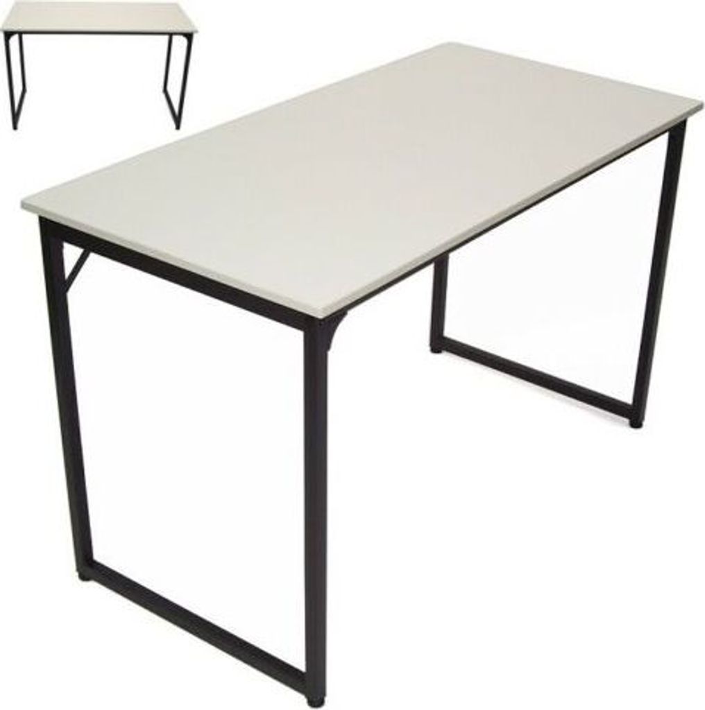 A white desk with black metal legs is shown against a white background. A smaller, similar desk is visible in the upper left corner.