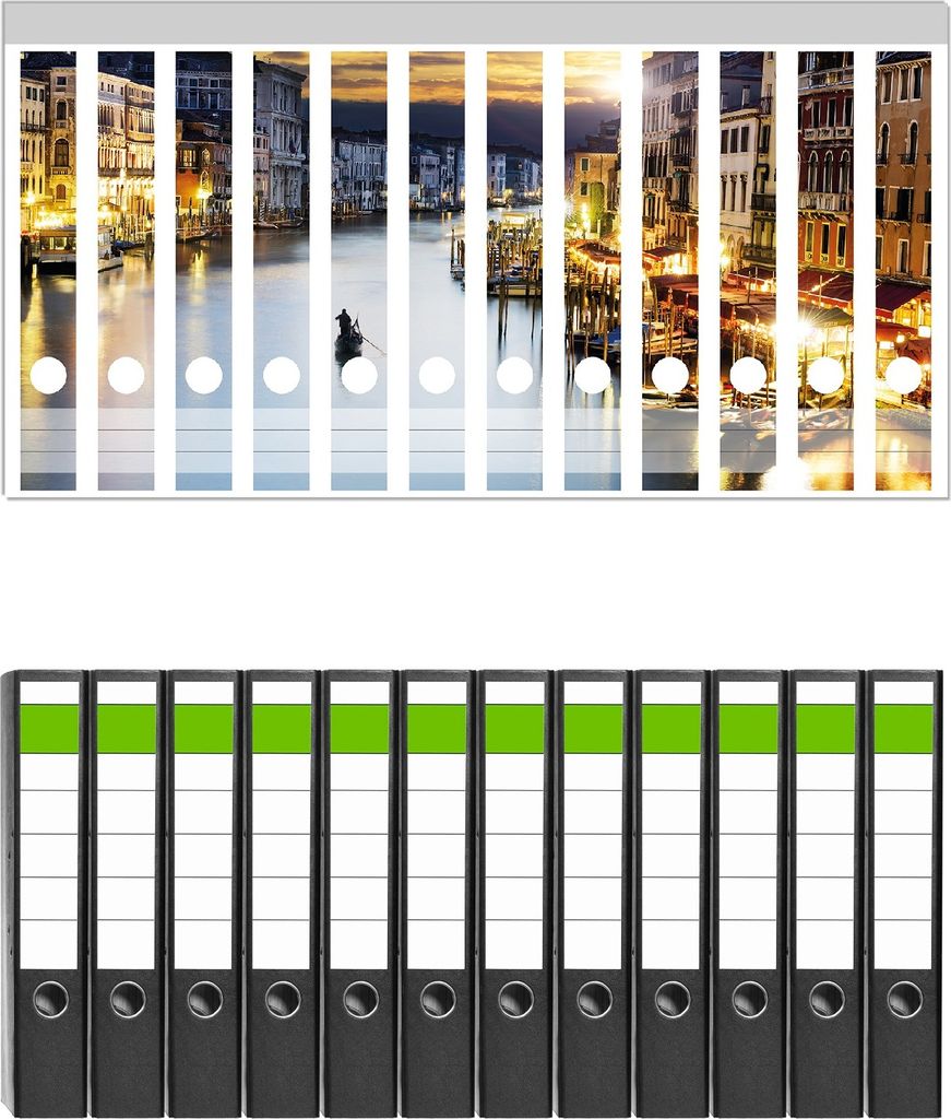 Wallario 12 Stück schmale Ordner inkl. Klebeetiketten mit Motive Canal Grande in Venedig am Abend mit untergehender Sonne - Set mit Rückenschild...