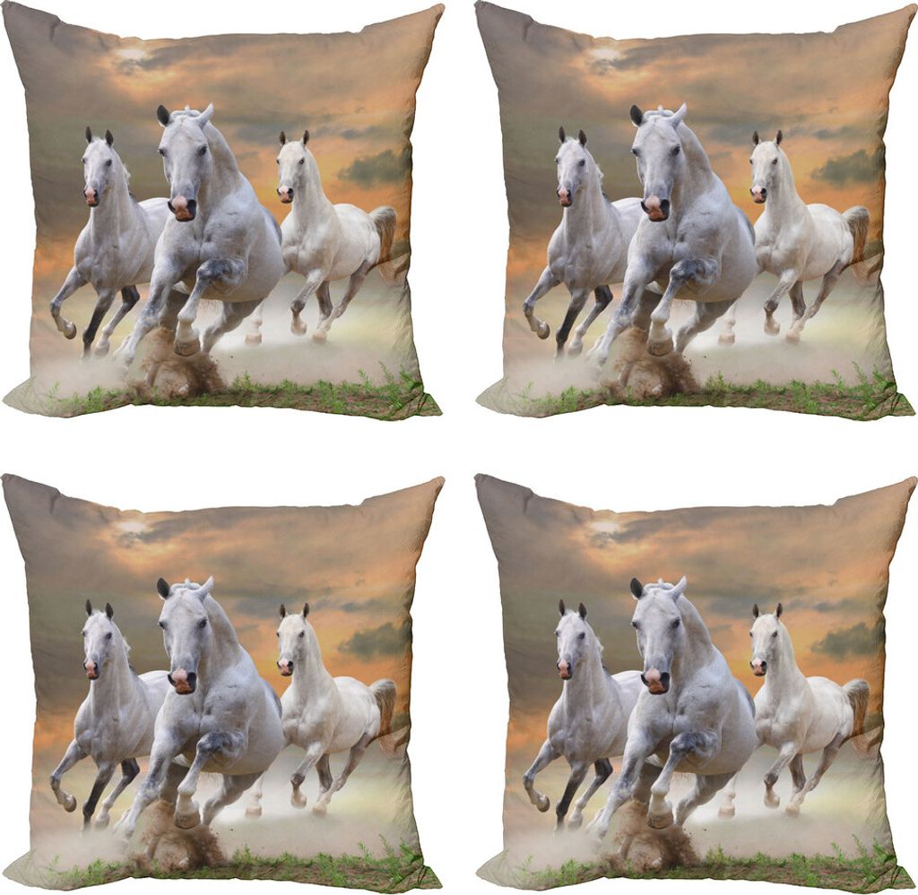 ABAKUHAUS Pferde Kissenbezug Set (4 Stück), mystischer Himmel, Moderner Doppelseitiger Digitaldruck, 60 cm x 60 cm, weiß orange