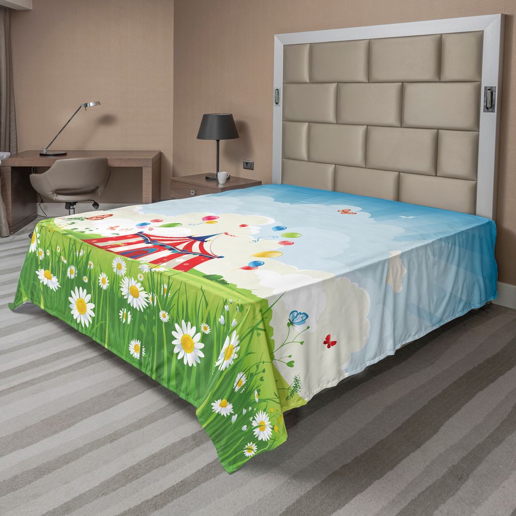 ABAKUHAUS Zirkus Bettlaken, Reisender Zirkus blauem Himmel blüht Fliegen Schmetterlings Rasen im Grünland Druck, weiches bequemes oberes Bettlake...