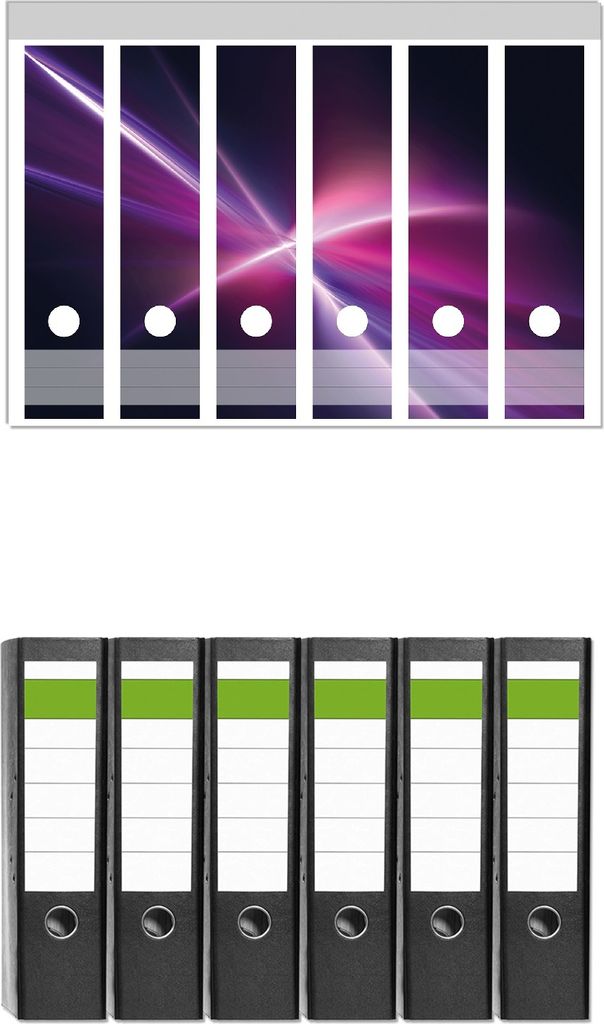 Wallario 6 Stück breite Ordner inkl. Klebeetiketten mit Motive Abstrakte Formen und Linien schwarz lila pink weiß - Set mit Rückenschildern / ...
