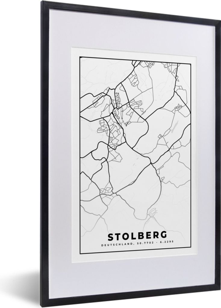 MuchoWow Gerahmtes Poster Stolberg - Karte - Stadtplan 40x60 cm - Poster mit Schwarzem Bilderrahmen Wandposter Rahmen Foto Bilder - Poster in Rahmen