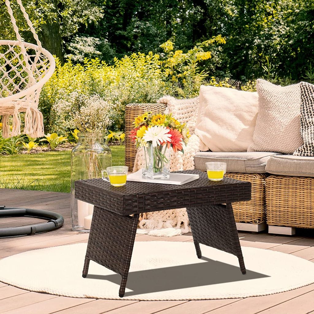 GOPLUS Klappbar PE Rattan Gartentisch, Beistelltisch, 60x40x40cm Couchtisch mit Verstellbaren Füßen, Anti-Rutsch-Matten, Sofatisch, Kaffeetisch