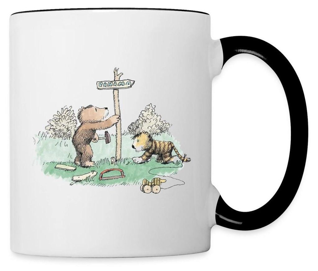 Spreadshirt Janosch Tiger und Bär Panama Schild Tasse Zweifarbig, One size, Weiß/Schwarz
