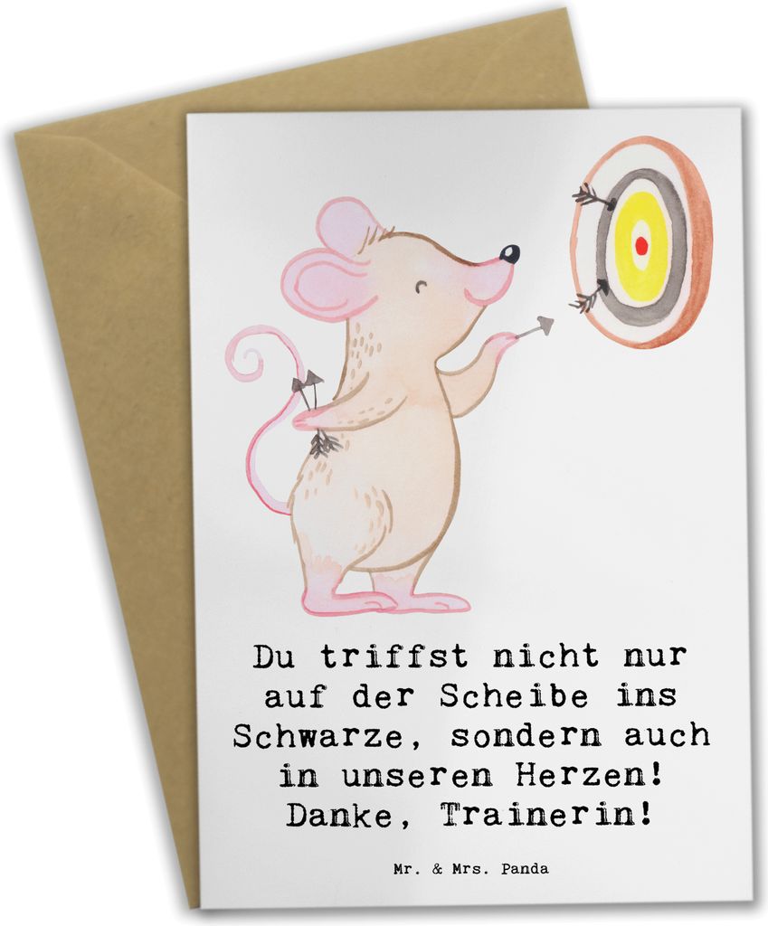 Mr. & Mrs. Panda Grußkarte Darts Trainerin - Weiß - Geschenk, Dankbarkeit, Danksagung, Unterstützung, osterkarte, Sportart, Leidenschaft, hochze...