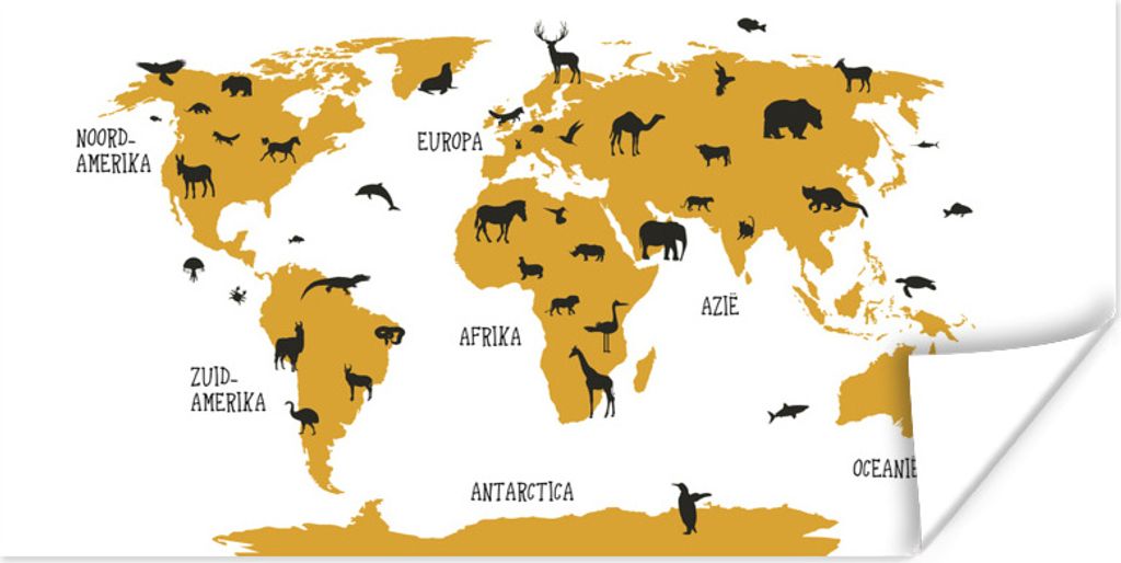 MuchoWow Poster Weltkarte Kinder - Tiere - Gelb 40x20 cm - Poster für die Wand - Poster Schlafzimmer