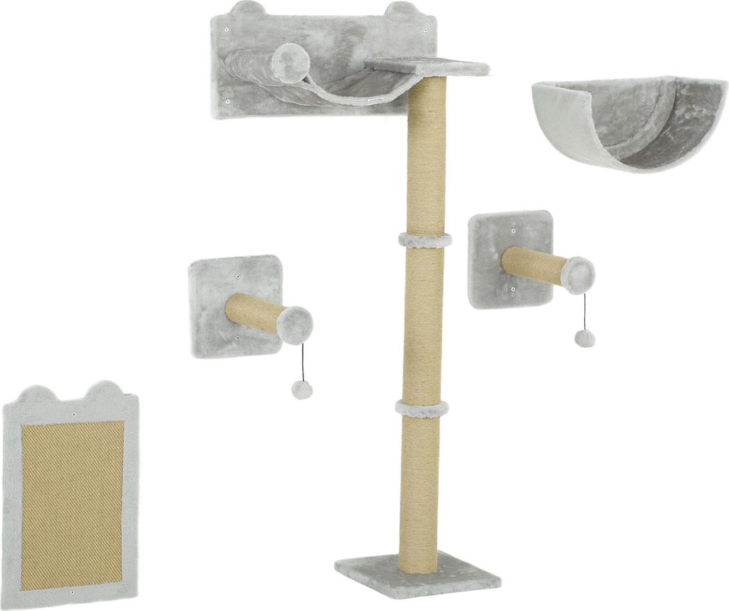 5-teiliges wandmontiertes Kletterset für Hauskatzen mit Kratzpfosten, Kratzmatte, Katzenbett, Spielzeugbällen, Hellgrau