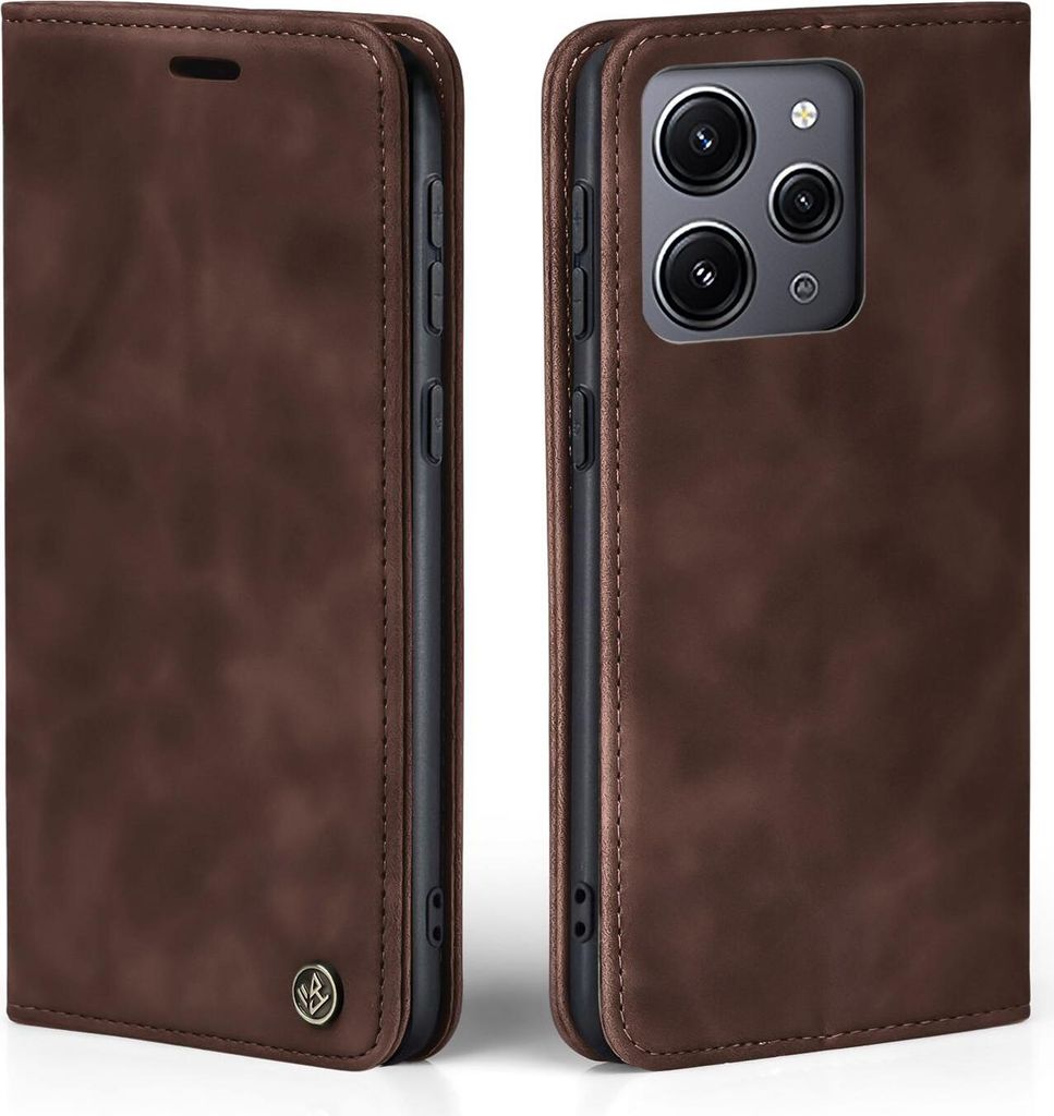 A brown leather flip case for a smartphone, shown from two angles.