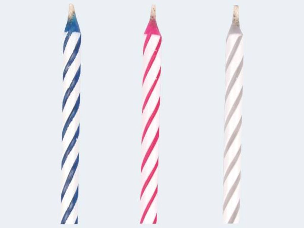 Three birthday candles with spiral patterns are displayed against a plain background.