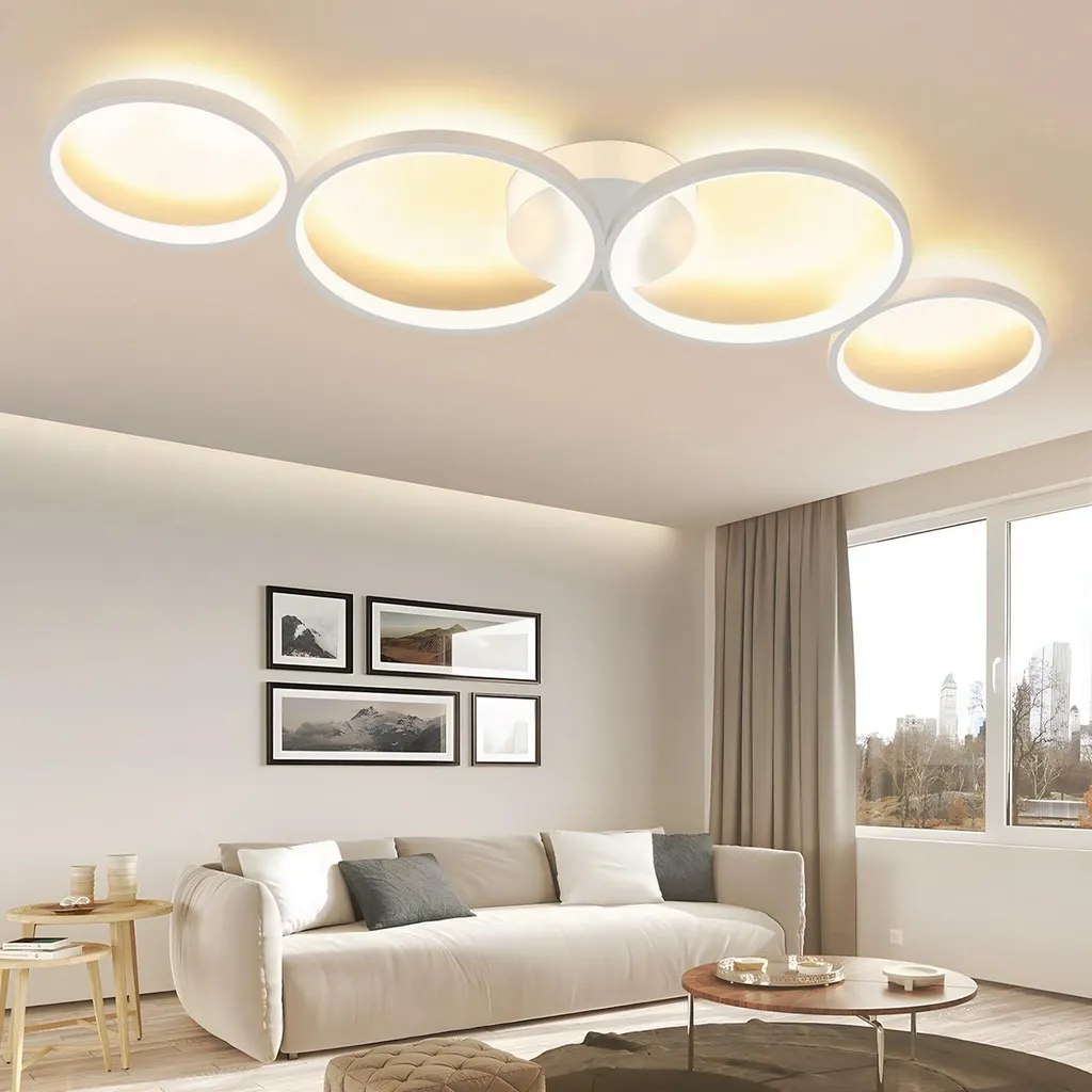 Grand Lustre Plafonnier LED 37W Blanc Chaud 3000K en Anneaux Aluminium