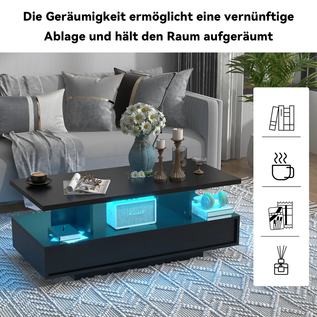 Table Basse de Salon Noire Design avec LED Multicolore et Rangement - 6