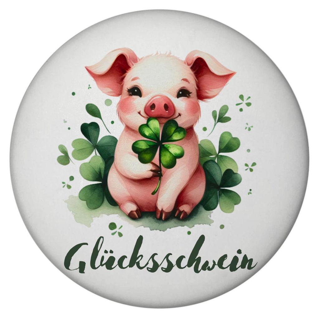 Glücksschwein mit Kleeblatt Magnet rund Produktbild 