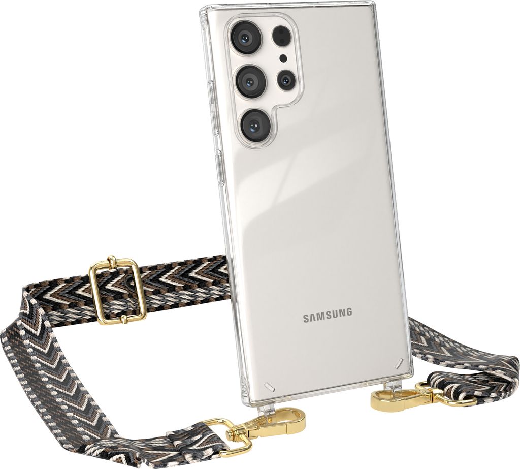 EAZY CASE Handykette - Verstellbarer Trageriemen kompatibel mit Samsung Galaxy S23 Ultra, Handykordel mit transparenter Silikon-Hülle, Band in Grau