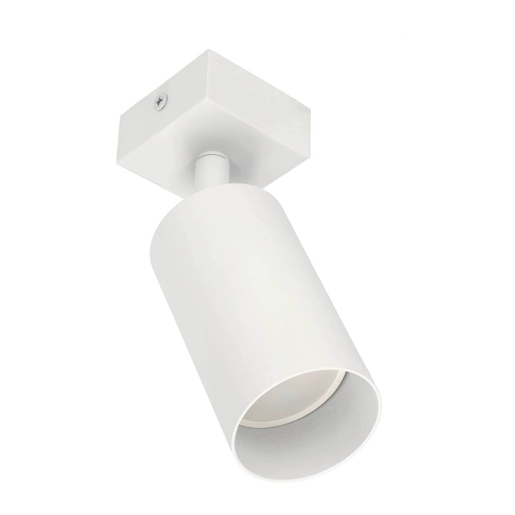 A white cylinder spotlight mounted on a square base, angled slightly.