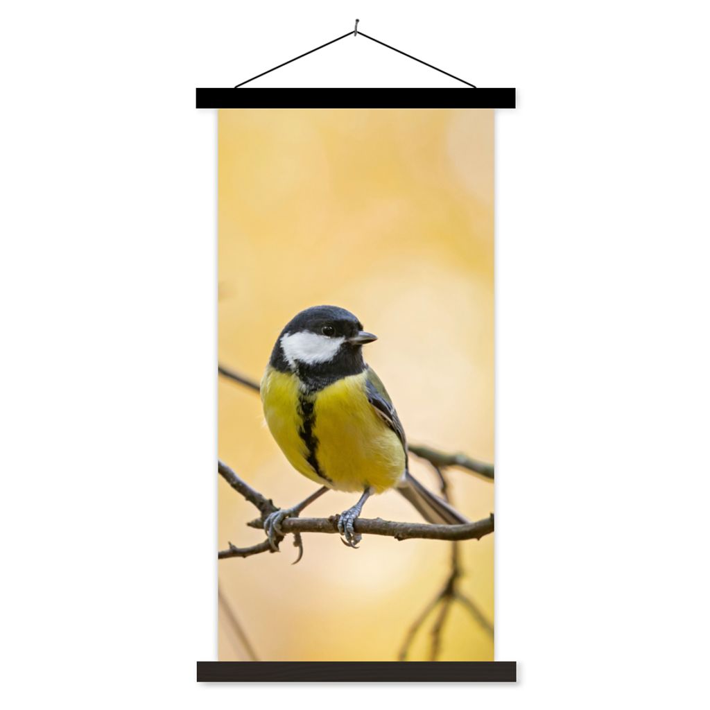 MuchoWow Textilposter Kohlmeise - Zweig - Vogel - Tiere 60x120 cm mit schwarzem Rahmen - Magnete