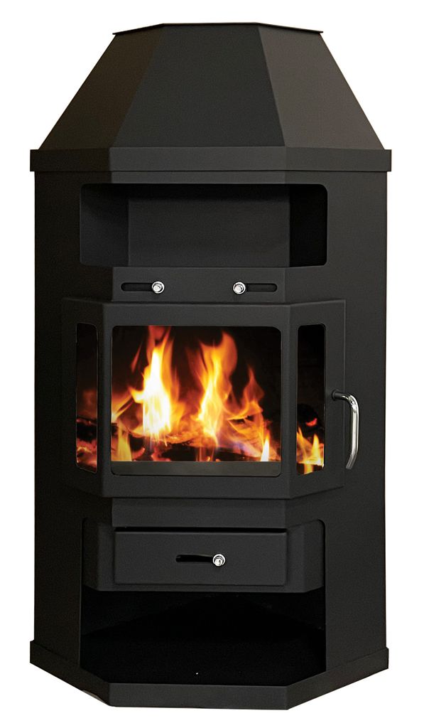 A black corner fireplace with a glass door showing a fire inside, set against a white background.