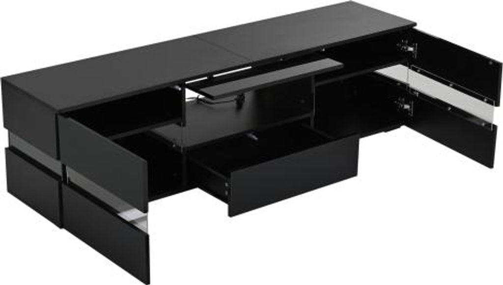 160x39x45 cm Schwarz TV-Schrank Hochglanz Mit LED Beleuchtung 2 Tueren 1 Schublade Offenes Fach Acryl Glaseinsatz Fuer 70 Zoll Fernseher
