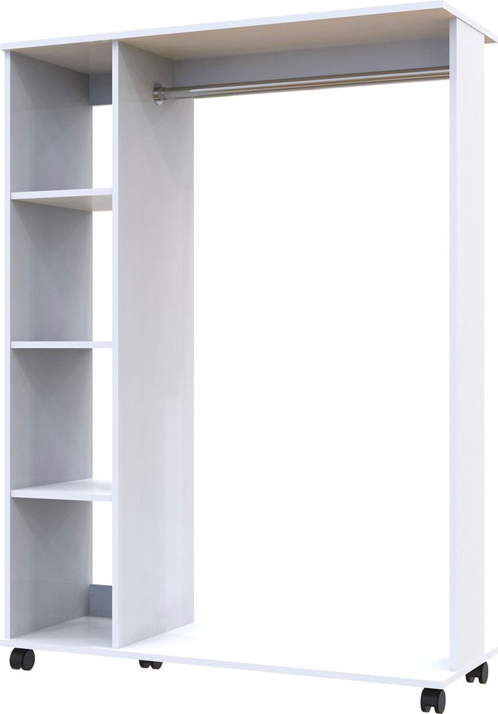 A white wardrobe organizer with shelves on the left and a hanging rail on the right, shown against a white background.