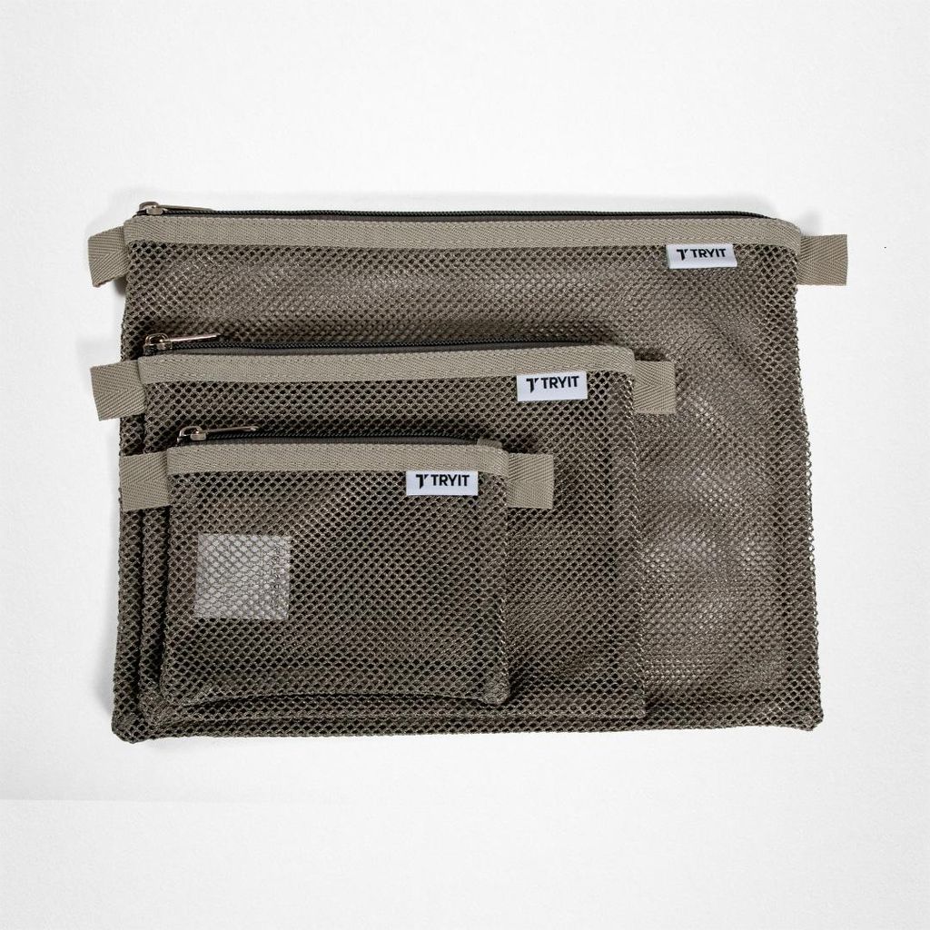 TRYIT Meshbeutel 3er-Set | Grau | Aufbewahrungsbeutel aus recyceltem Polyester | leicht & robust mit Reißverschluss | ideal für Reise, Alltag