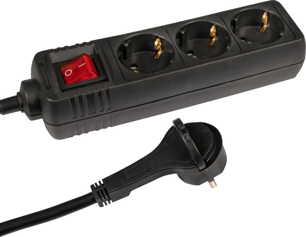 A black power strip with three outlets and a red on/off switch, along with its black plug and cord, is shown against a white background.