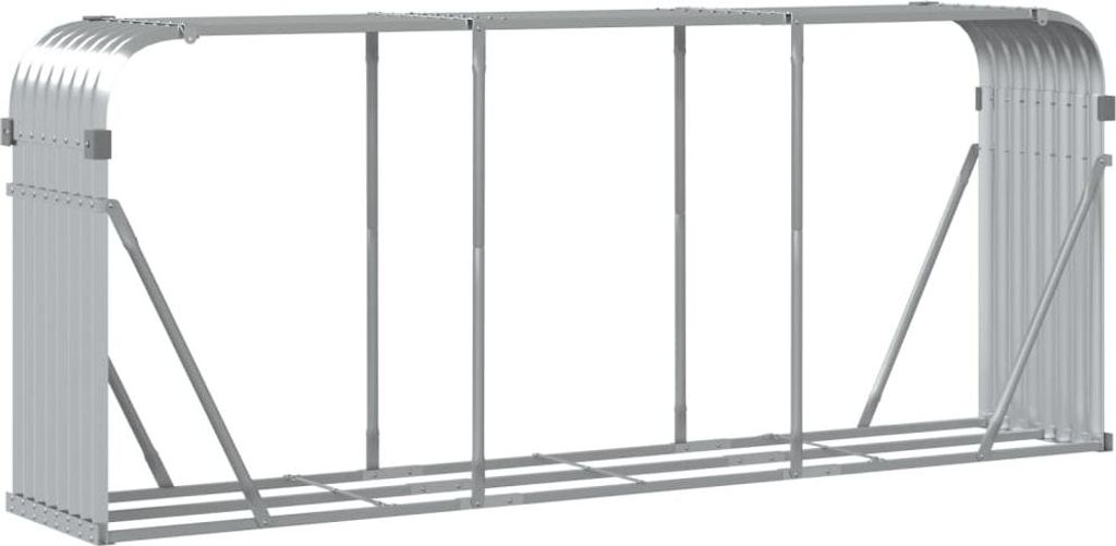 A 3D rendering of a silver metal firewood rack.