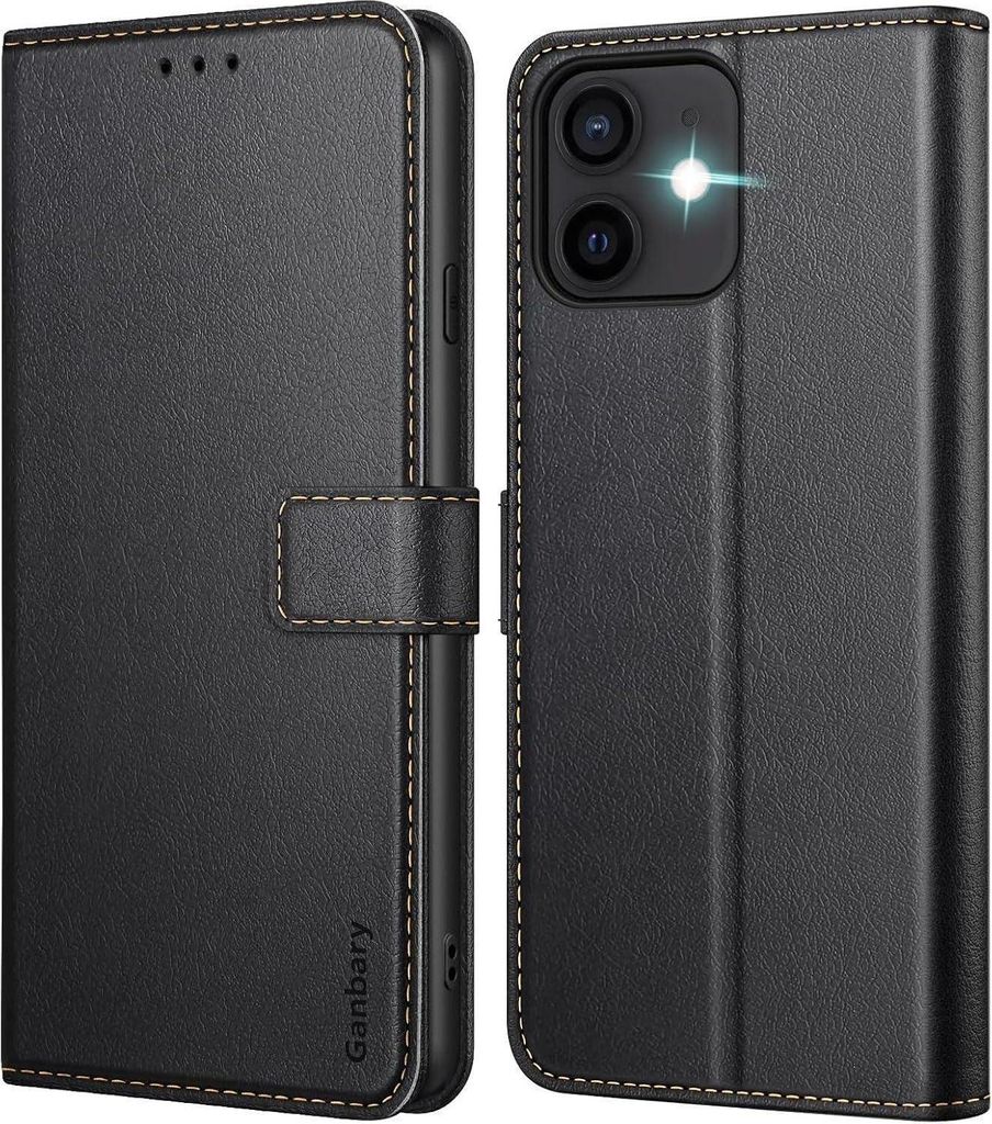 iPhone 12/12 Pro Leder Handyhülle Schwarz mit Kartenfächern Produktbild 