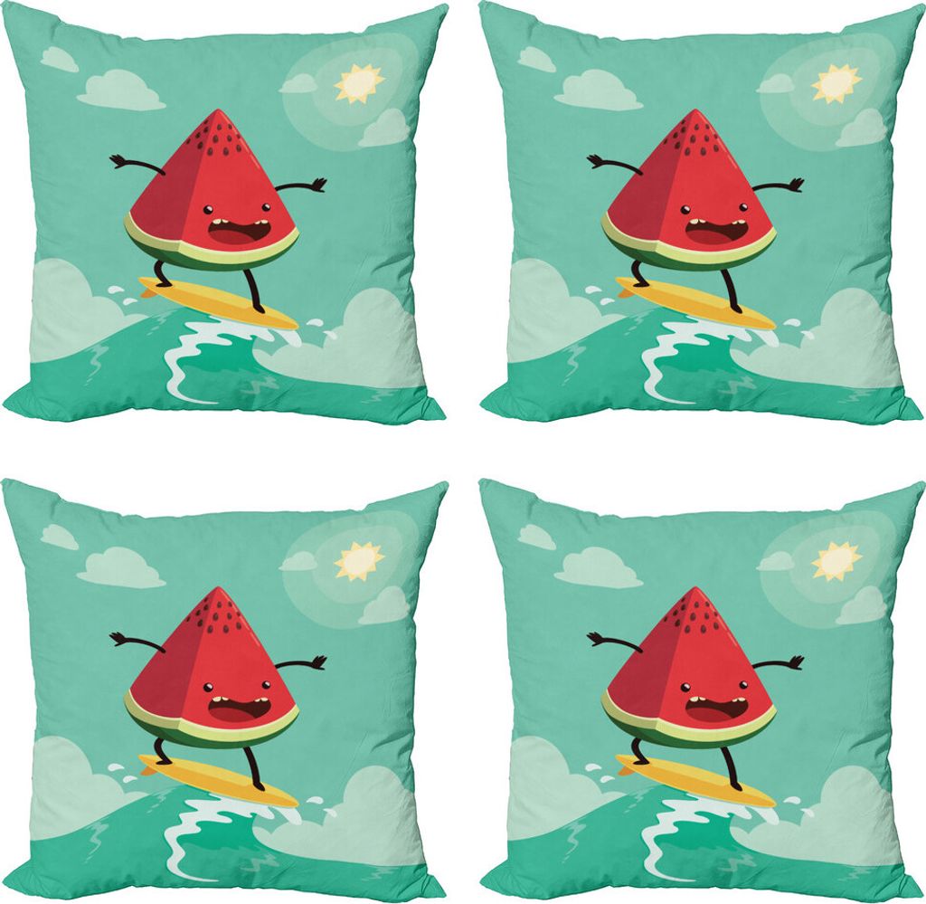 ABAKUHAUS Surfen Kissenbezug Set (4 Stück), Wassermelone auf den Wellen, Moderner Doppelseitiger Digitaldruck, 40 cm x 40 cm, Rot, Grün, Gelb