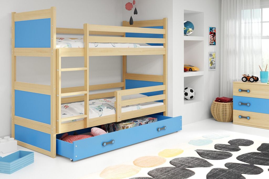 Kinderhochbett mit Stauraum und Matratzen 80x160 FERGUS – Kiefer / Blau