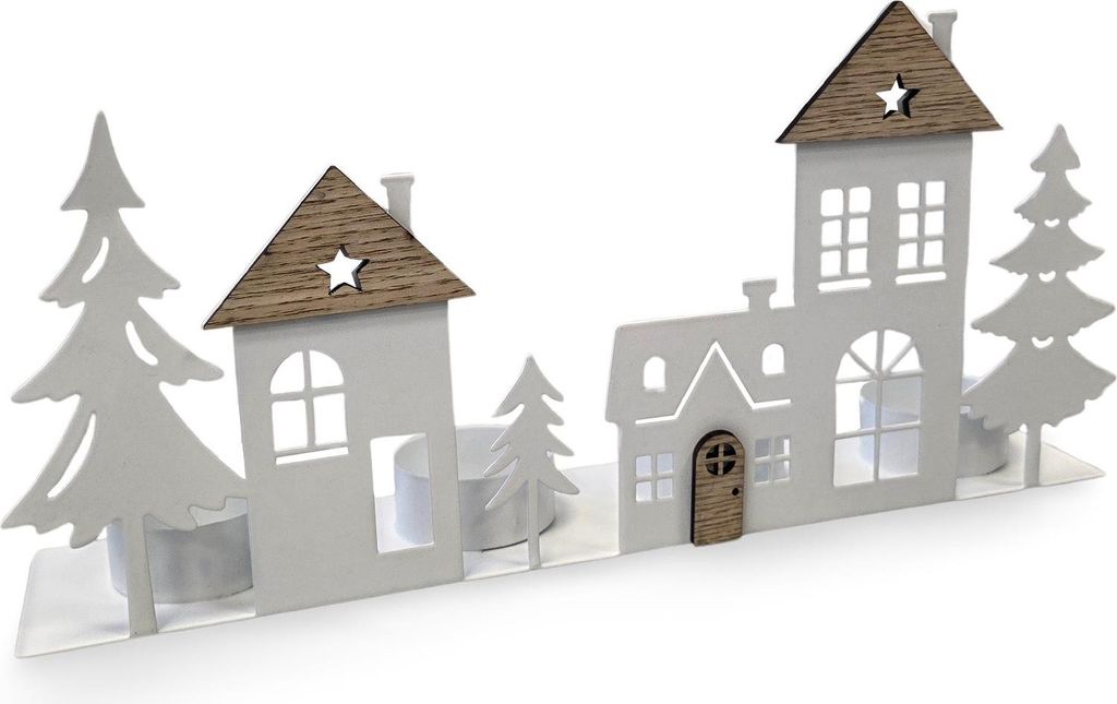 Logbuch-Verlag Teelichtleiste Häuser Metall Holz weiß 28 cm – Teelichthalter Winterdorf – Weihnachtsdeko Kerzenhalter